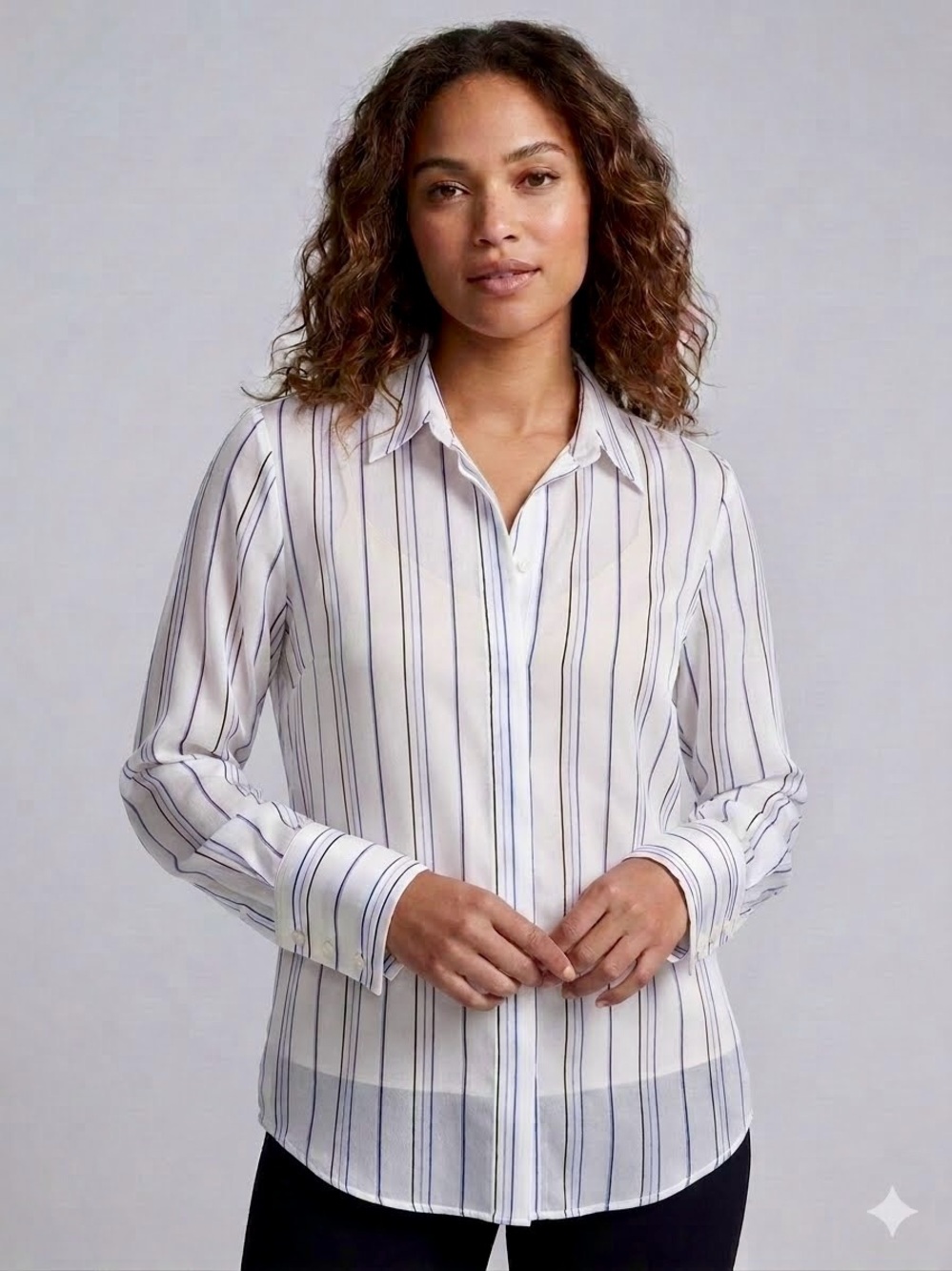 White House Black Market White Shirt with Navy Pinstripes